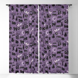 Black cats and bats, witchy things, halloween on purple Blackout Curtain