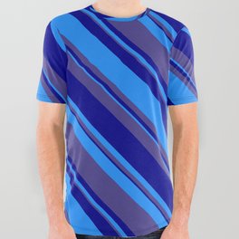 [ Thumbnail: Dark Slate Blue, Dark Blue & Blue Colored Stripes Pattern All Over Graphic Tee ]