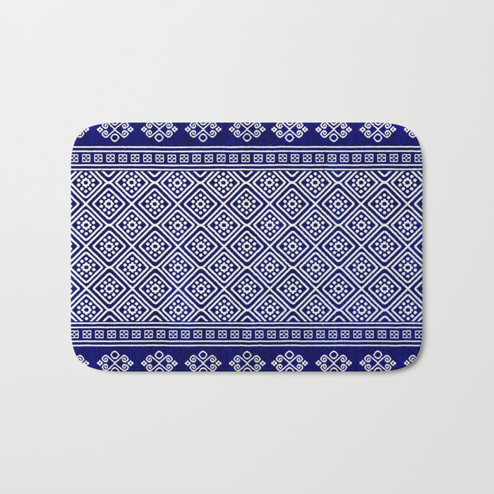 Geometric Heritage Oriental Traditional Blue Bohemian Moroccan Fabric Style Bath Mat