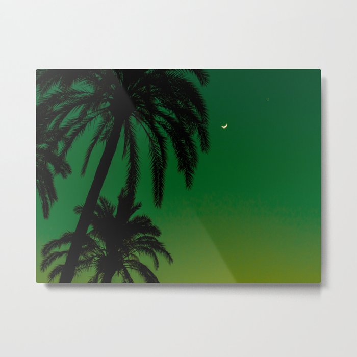 Tropical Palm Tree Silhouette Green Ombre Sunset Crescent Moon At Night Metal Print