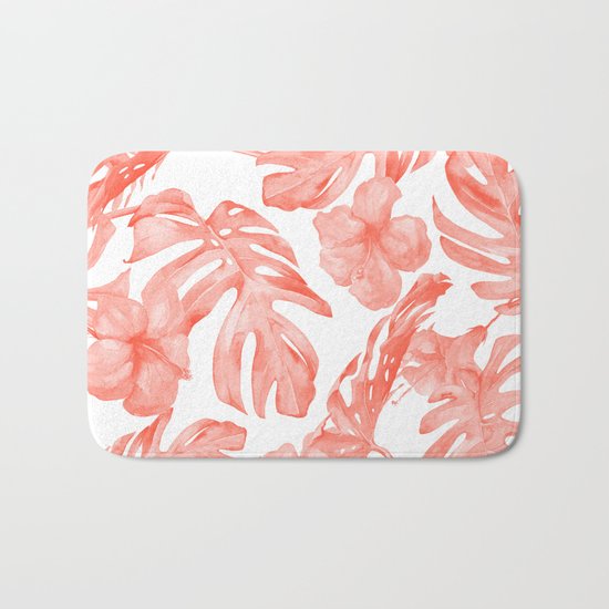 Tropical Hibiscus and Palm Leaves Dark Coral White Bath Mat