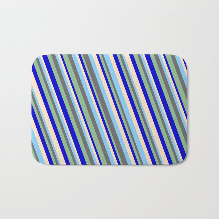 Light Sky Blue, Dim Gray, Dark Sea Green, Blue & Bisque Colored Lined/Striped Pattern Bath Mat