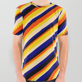 [ Thumbnail: Eye-catching Red, Yellow, Beige, Blue & Black Colored Striped Pattern All Over Graphic Tee ]