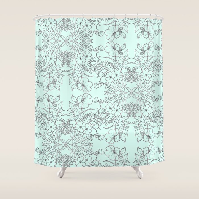 Dotted Floral Scroll in Mint and Grey Shower Curtain by Jacqueline