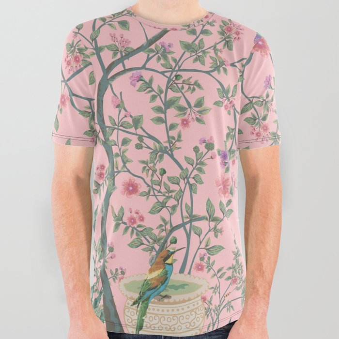 Chinoiserie Pink Fresco Floral Garden Birds Oriental Botanical All Over Graphic Tee