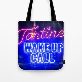 Blue and pink neon sign Tartine wake up call - hotdogs in Lissabon, Portugal Foodcourt - travel photography Tote Bag