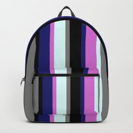 [ Thumbnail: Eye-catching Midnight Blue, Orchid, Light Cyan, Gray, and Black Colored Stripes/Lines Pattern Backpack ]