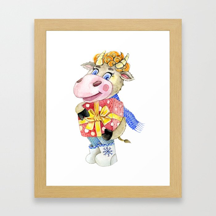 Watercolor funny bull with a gift. Symbol of 2021 year Framed Art Print
