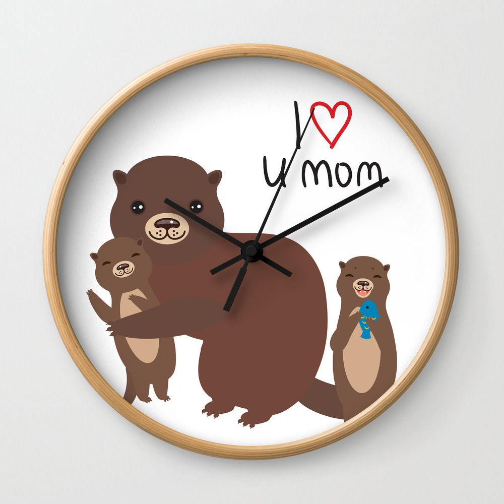 I Love You Mom. Funny brown kids otters with fish on white background. Gift  card for Mothers Day. Wall Clock by EkaterinaP | Society6