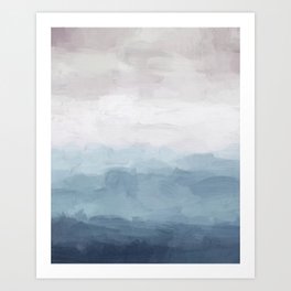 Misty Evening - White, Mauve, Navy Soft Blue Print Modern Wall Art Abstract Painting, Ocean Clouds Art Print
