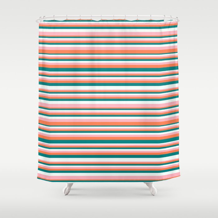 Teal, Mint Cream, Light Pink, and Coral Colored Lines/Stripes Pattern Shower Curtain