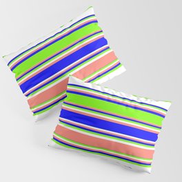 [ Thumbnail: Blue, Green, White, and Salmon Colored Lined Pattern Pillow Sham ]