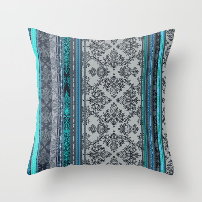 Teal, Aqua & Grey Vintage Bohemian Wallpaper Stripes Throw Pillow