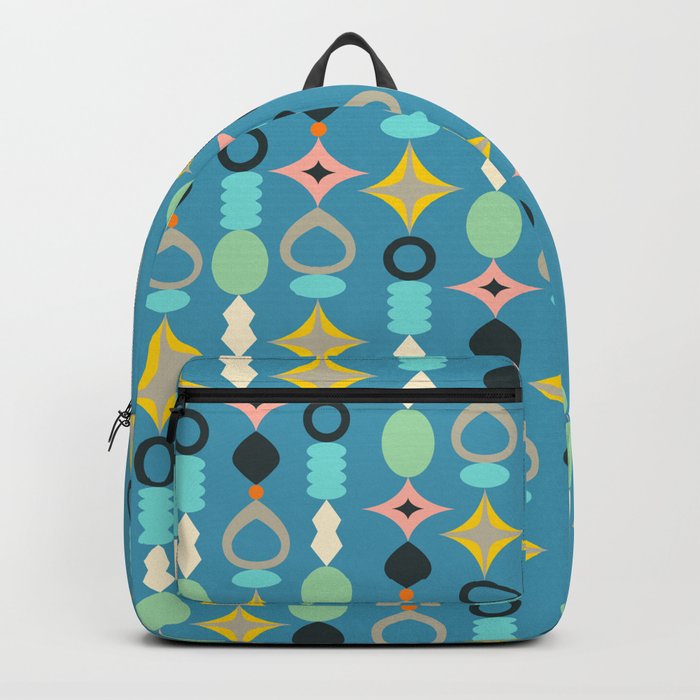 SUNCATCHERS MID-CENTURY MODERN ABSTRACT PATTERN in RETRO MULTI-COLOURS WITH BLACK ON BLUE Backpack