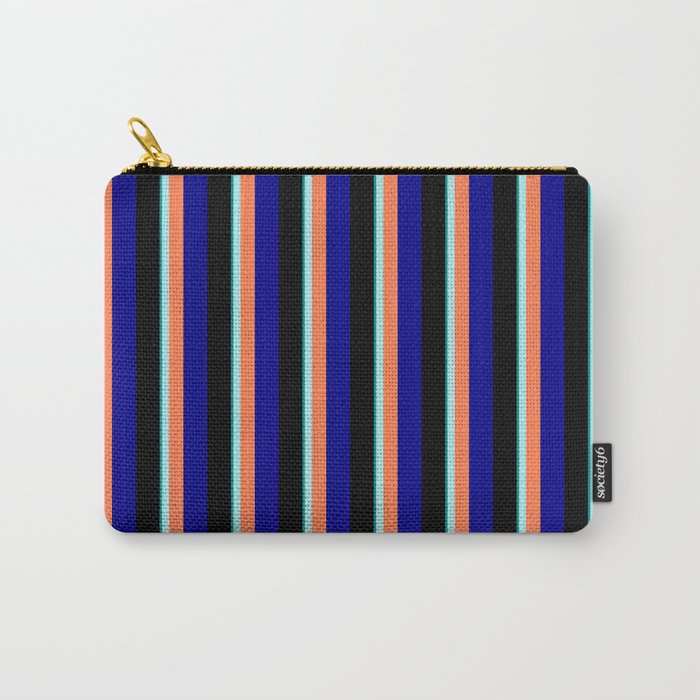 Eye-catching Dark Cyan, Turquoise, Coral, Dark Blue, and Black Colored Striped Pattern Carry-All Pouch