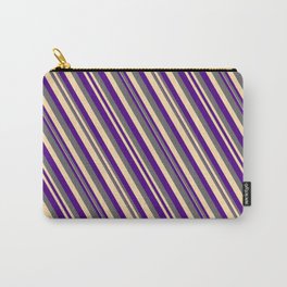 [ Thumbnail: Indigo, Dim Grey, and Tan Colored Lined Pattern Carry-All Pouch ]