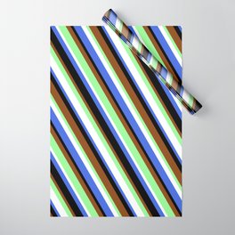 [ Thumbnail: Brown, Green, White, Royal Blue, and Black Colored Striped/Lined Pattern Wrapping Paper ]
