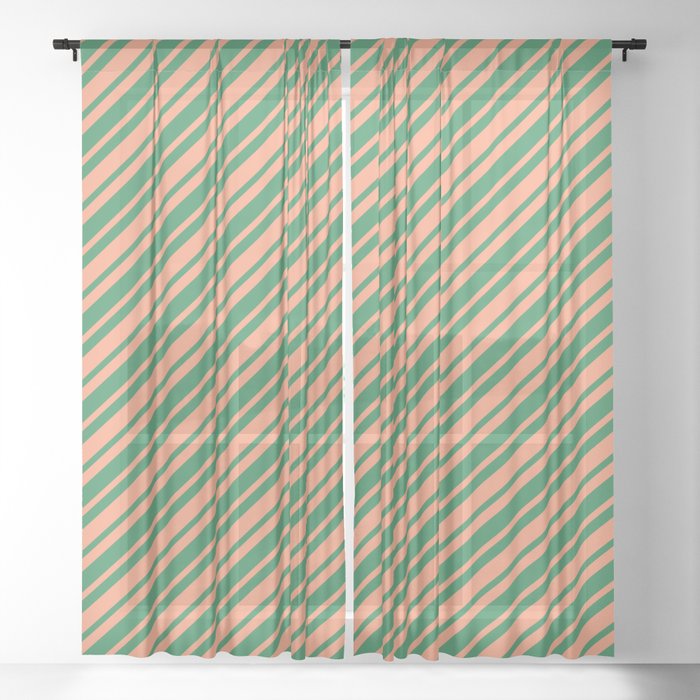 Sea Green and Light Salmon Colored Striped/Lined Pattern Sheer Curtain