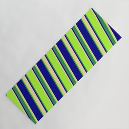 [ Thumbnail: Light Green, Tan, Dark Blue & Sea Green Colored Striped Pattern Yoga Mat ]