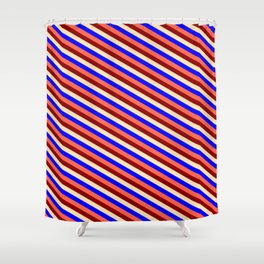 [ Thumbnail: Blue, Red, Dark Red, and Beige Colored Lines/Stripes Pattern Shower Curtain ]