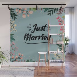 Just Married Floral Print On Blue Background Pattern Wall Mural