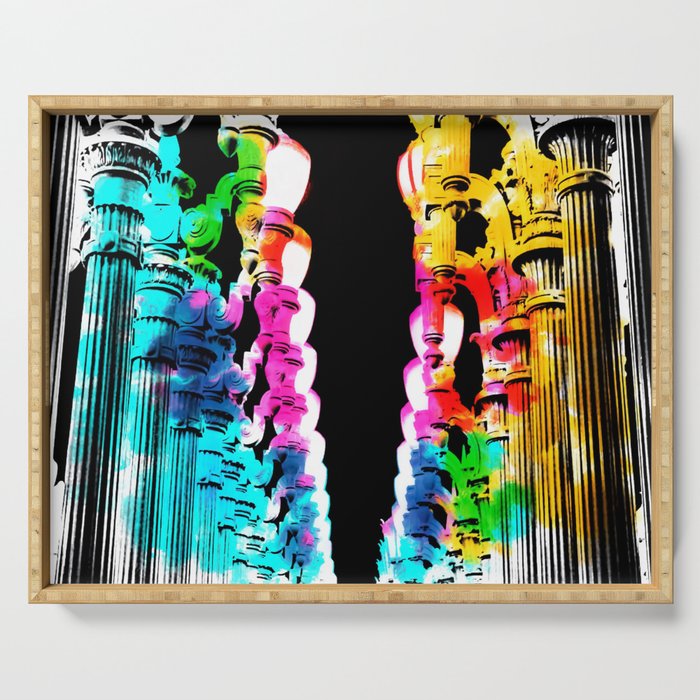 Urban light and LACMA, USA with colorful painting abstract in blue pink green red yellow Serving Tray