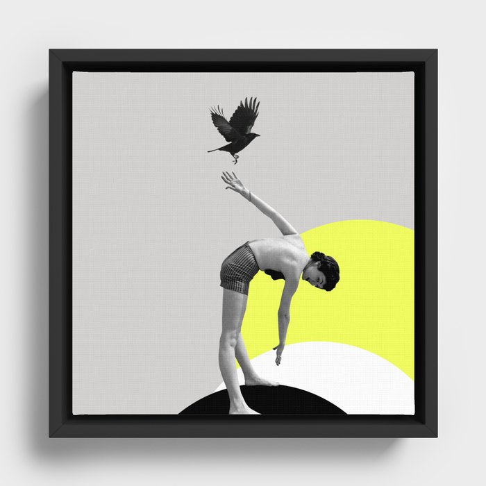 Woman and a Black Bird, Collage Art Framed Canvas