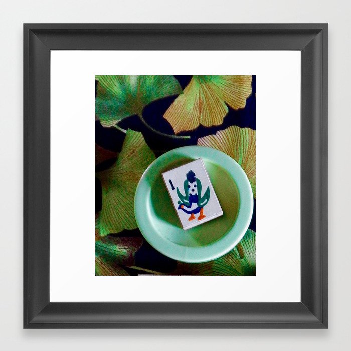 Mah Jongg Still Life: 1923 peacock bam bird on gingko fabric Framed Art Print