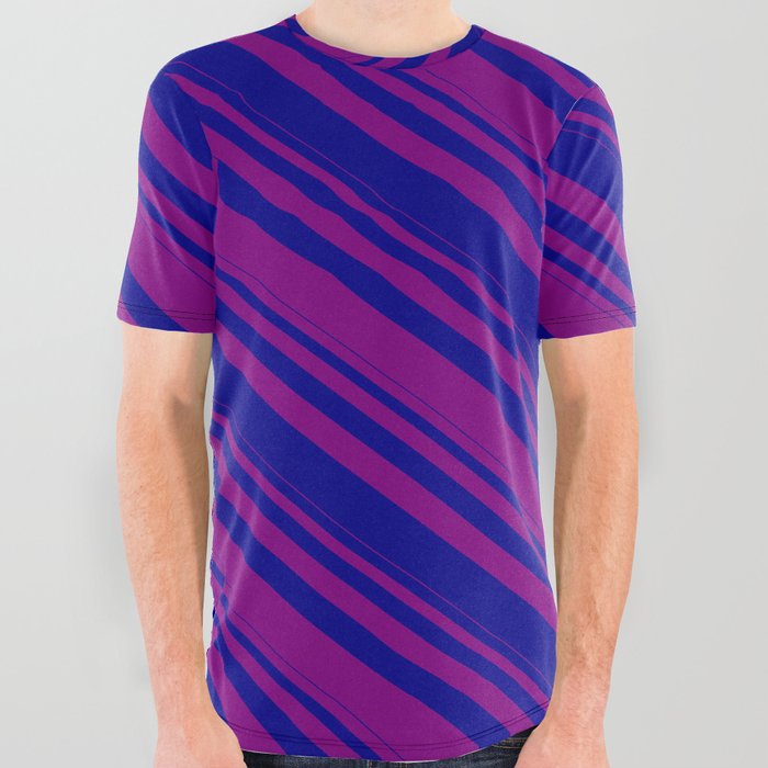 Purple & Dark Blue Colored Pattern of Stripes All Over Graphic Tee