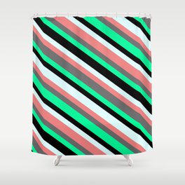 [ Thumbnail: Light Cyan, Light Coral, Dim Gray, Green & Black Colored Lined Pattern Shower Curtain ]