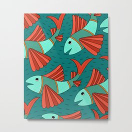 Gond fish - folk art Metal Print | Digital, Pattern, Folkart, Tribalart, Graphicdesign, Turquoise, Red, Indian 