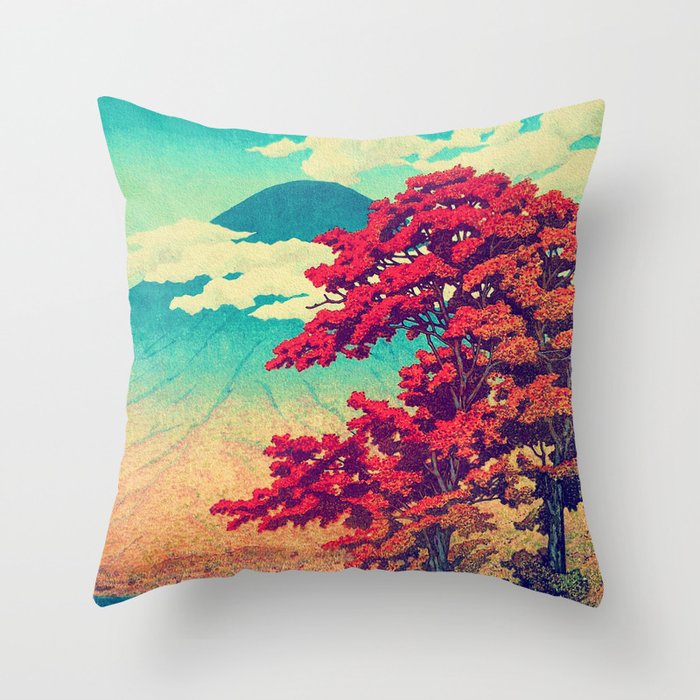 The New Year in Hisseii - Autumn Tree & Mountain by the Ocean Ukiyoe Nature Landscape in Red & Blue Throw Pillow