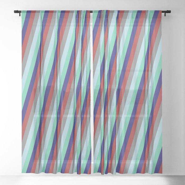 Colorful Brown, Grey, Light Blue, Aquamarine & Midnight Blue Colored Striped Pattern Sheer Curtain