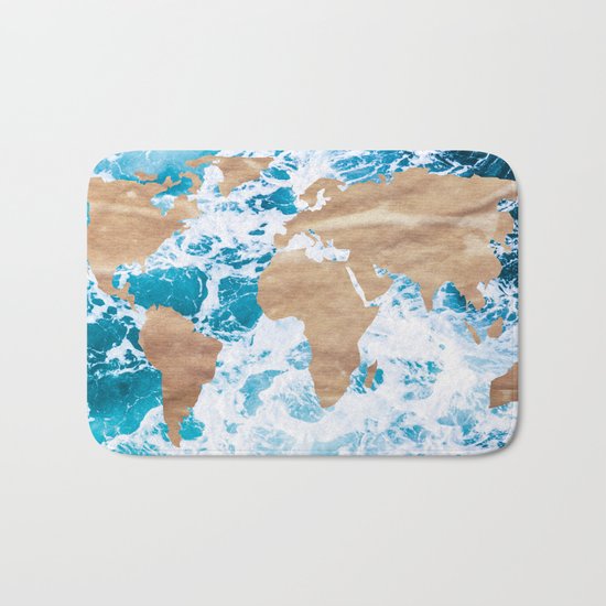 Ocean World Map Vintage Turquoise Sea Bath Mat