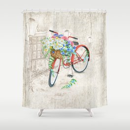 Vintage Red Bicycle with Flowers City Background Shower Curtain