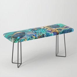 Sealife blue and gold modern art shining fish in sea artwork coral design Under Water  Bench