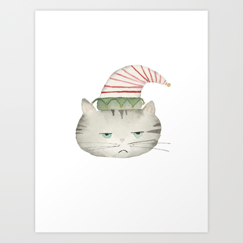 Grumpy Grey Tabby Cat Wearing Red And White Elf Hat Watercolor Art Print By Bhelranistudio Society6