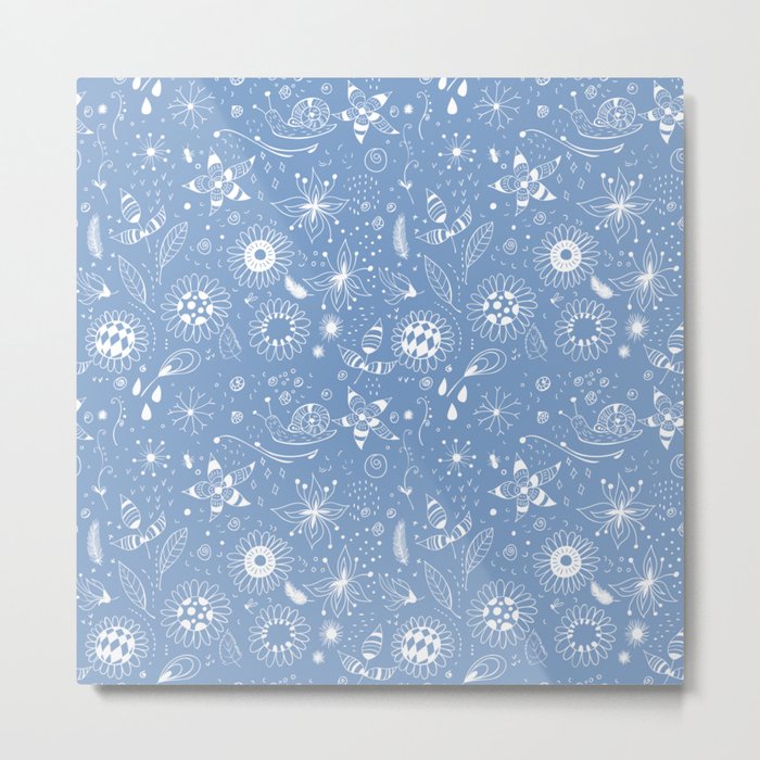 White doodle flowers pattern on blue Metal Print