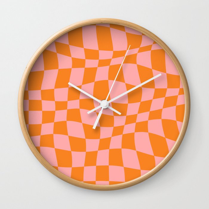 Warped Checkered Pattern (orange/pink) Wall Clock