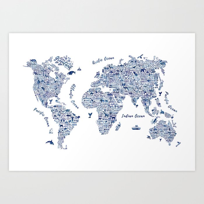 Watercolor Typography World Map in Blue Art Print