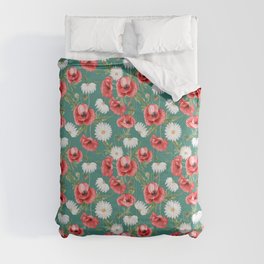 Daisy and Poppy Seamless Pattern on Green Blue Background Comforter