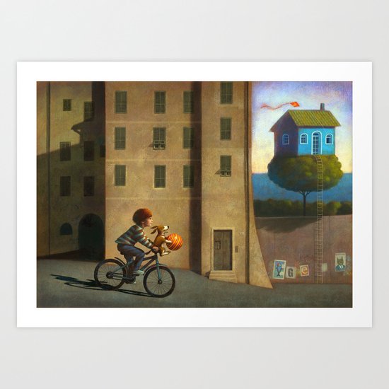 A green and blue house Art Print
