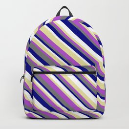 [ Thumbnail: Vibrant Gray, Dark Blue, White, Pale Goldenrod & Orchid Colored Striped/Lined Pattern Backpack ]