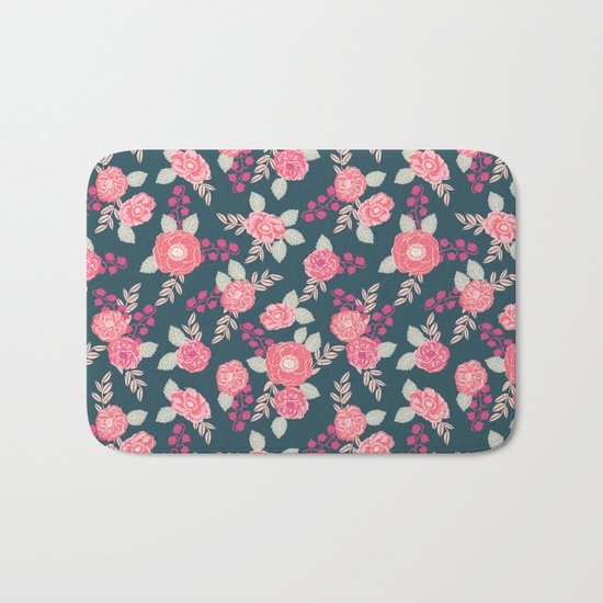 Ranunculus gardener garden floral flowers boho navy pink pastel cute pattern dorm college trendy Bath Mat