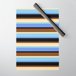 [ Thumbnail: Brown, Beige, Sky Blue, Cornflower Blue & Black Colored Striped Pattern Wrapping Paper ]
