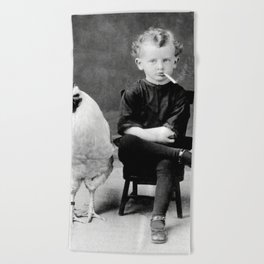 Smoking Boy with Chicken black and white photograph - photography - photographs Beach Towel