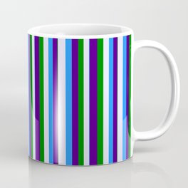 [ Thumbnail: Blue, Lavender, Green, and Indigo Colored Pattern of Stripes Coffee Mug ]