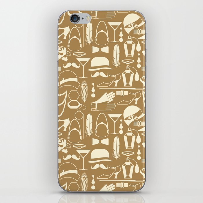 White Fashion 1920s Vintage Pattern on Gold Brown iPhone Skin