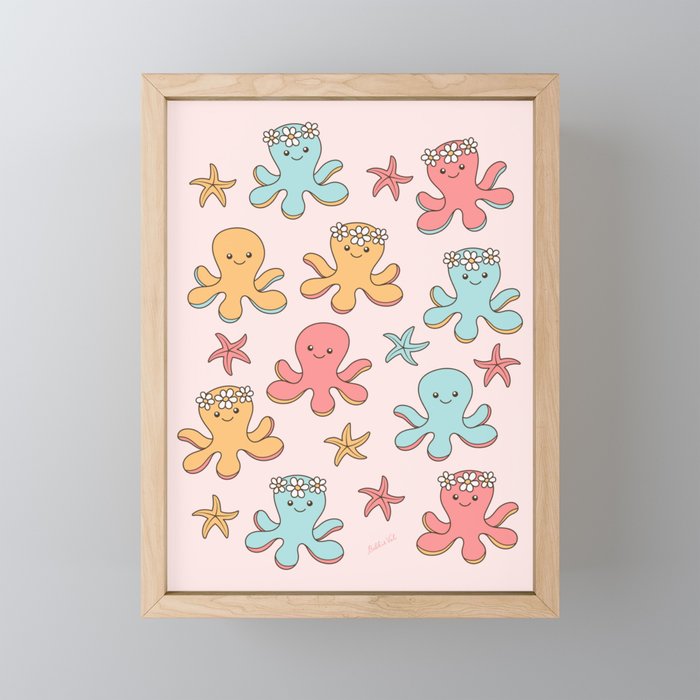 Cute Octopus Pattern, Fun Sea Animals, Colorful Pastel Colors Framed Mini Art Print