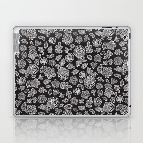 Lace flowers and leaves white on black  Laptop & iPad Skin